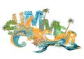 Lettering summer with animal textures with tropical flowers and waves.